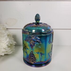 Vintage Iridescent Blue Carnival Glass Grape Harvest Lidded Canister 8", Indiana